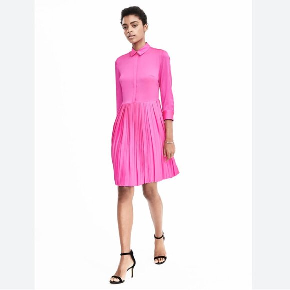 NWT Banana Republic Women's 6 Pleat-Skirt Shirt Dress Pink Neon Hibiscus